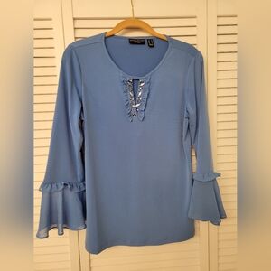 Susan Graver Blue Ruffled Women's Top with Jewel Accents